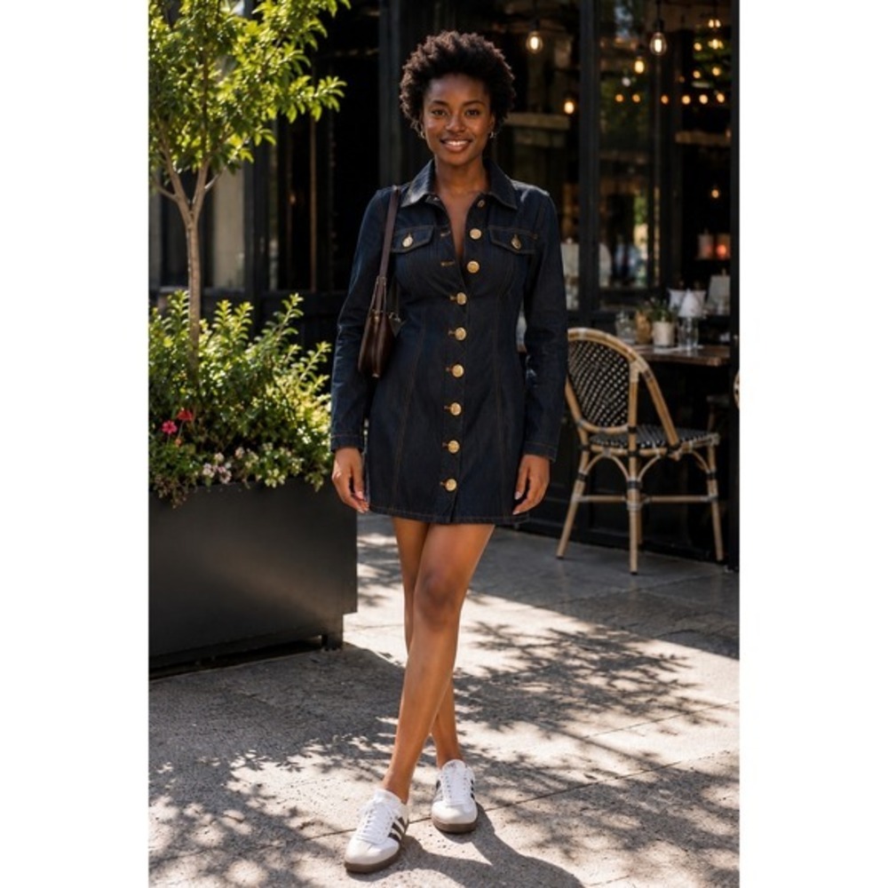 MESHKI Lexie Denim Mini Dress Gold Button Front Long Sleeve Size M